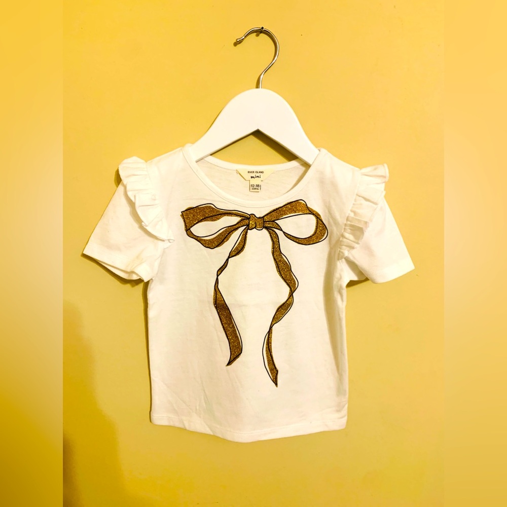 River Island Toddler Girls Glitter Sequin Bow Print Frill Sleeve T-Shirt